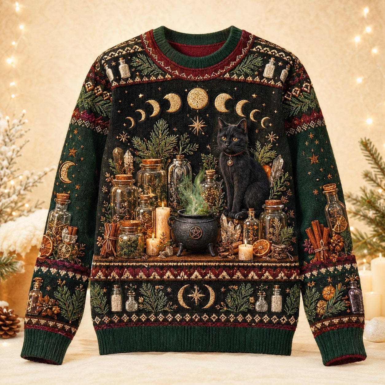 Apothecary Cat Sweater Potion Shelf Forest Bottle Green Knit front view