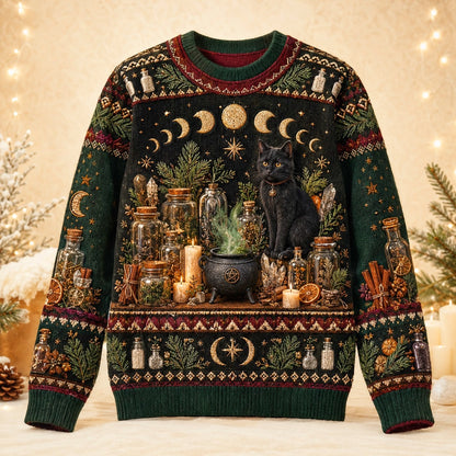Apothecary Cat Sweater Potion Shelf Forest Bottle Green Knit front view