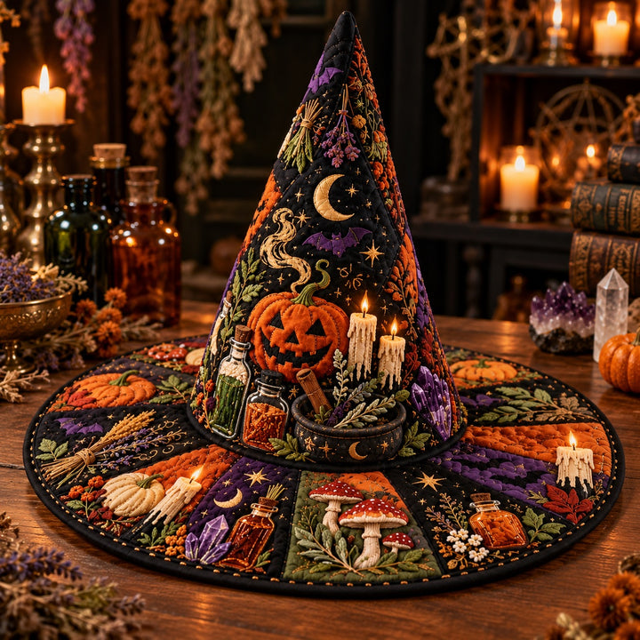 Apothecary Quilted Witch Hat – Samhain Pumpkin Potion Wide Brim Hat – on an altar table