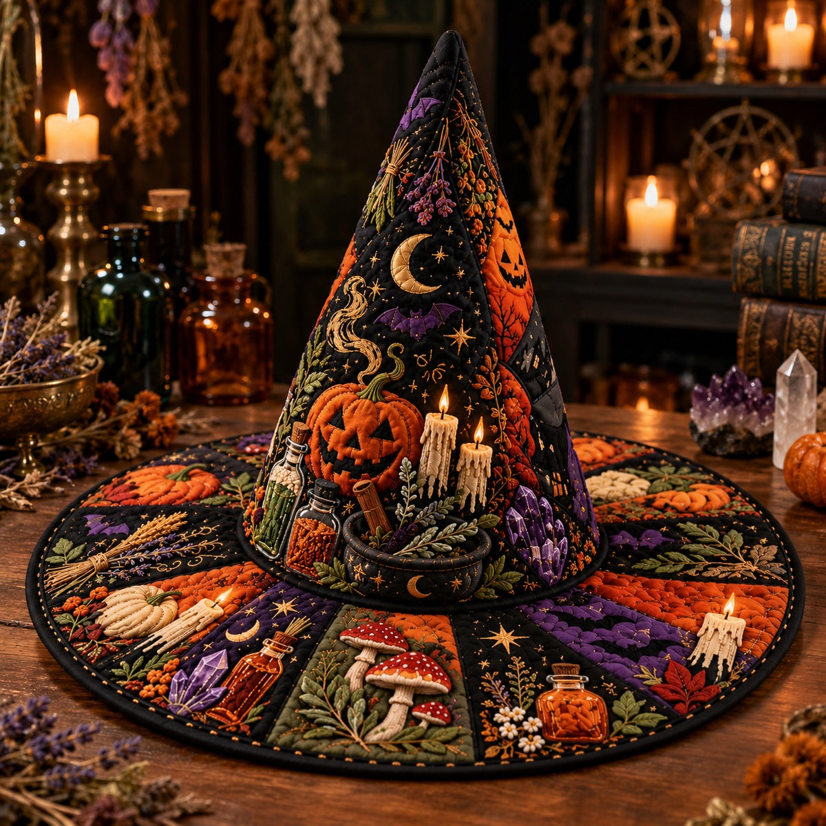 Apothecary Quilted Witch Hat – Samhain Pumpkin Potion Wide Brim Hat – on an altar table