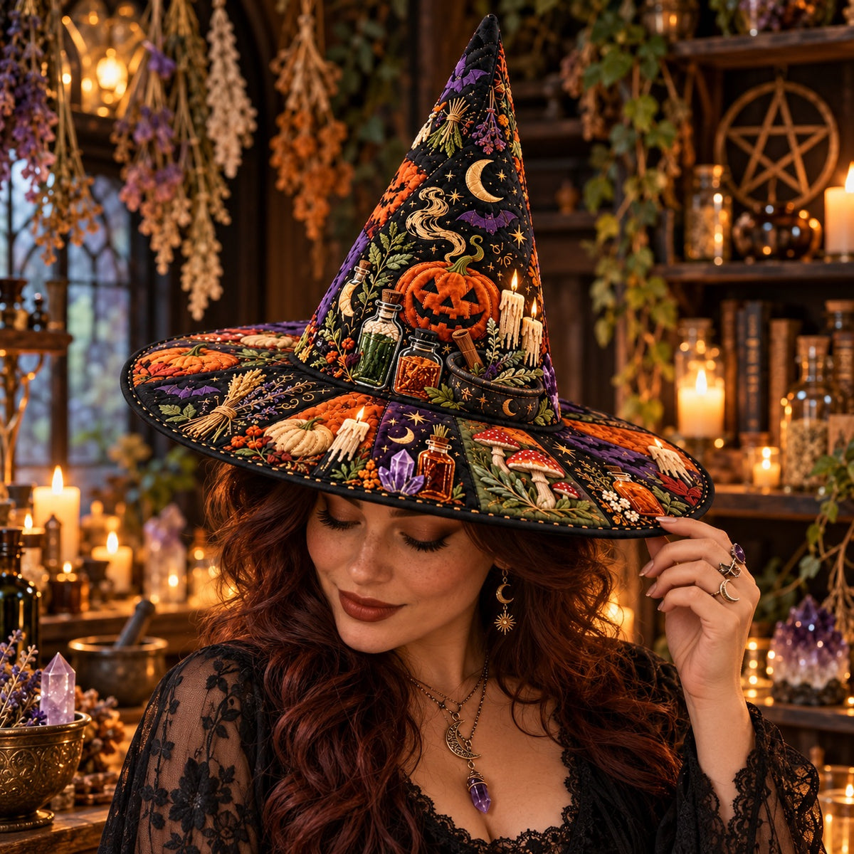 Apothecary Quilted Witch Hat – Samhain Pumpkin Potion Wide Brim Hat – worn by a model