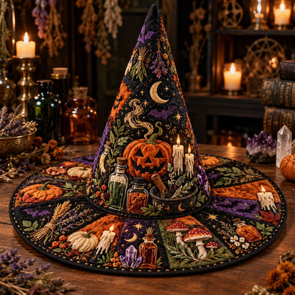 Apothecary Quilted Witch Hat – Samhain Pumpkin Potion Wide Brim Hat – styled with candles and crystals