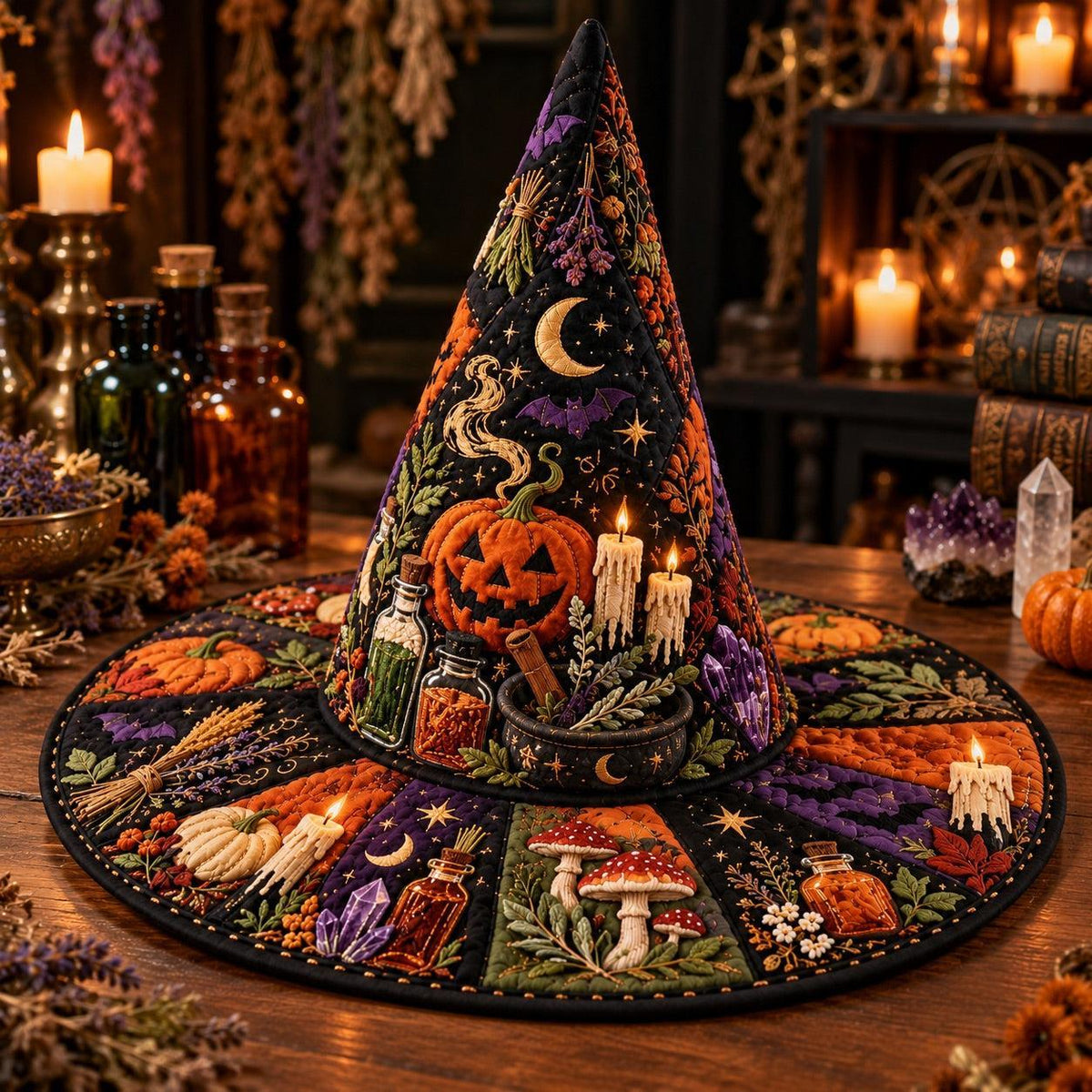 Apothecary Quilted Witch Hat – Samhain Pumpkin Potion Wide Brim Hat – on an altar table