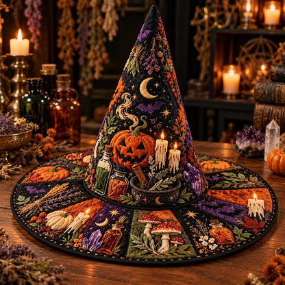 Apothecary Quilted Witch Hat – Samhain Pumpkin Potion Wide Brim Hat – on an altar table