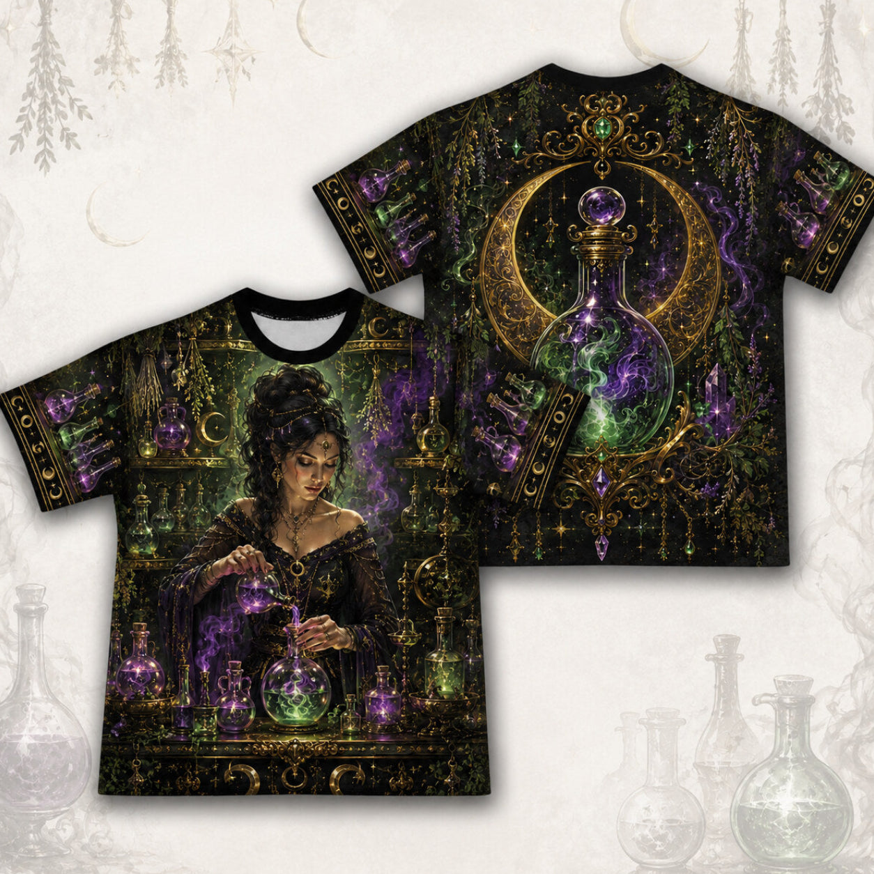 Apothecary Witch Potion T-Shirt Green Bottle Alchemy Tee front and back together