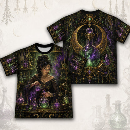 Apothecary Witch Potion T-Shirt Green Bottle Alchemy Tee front and back together