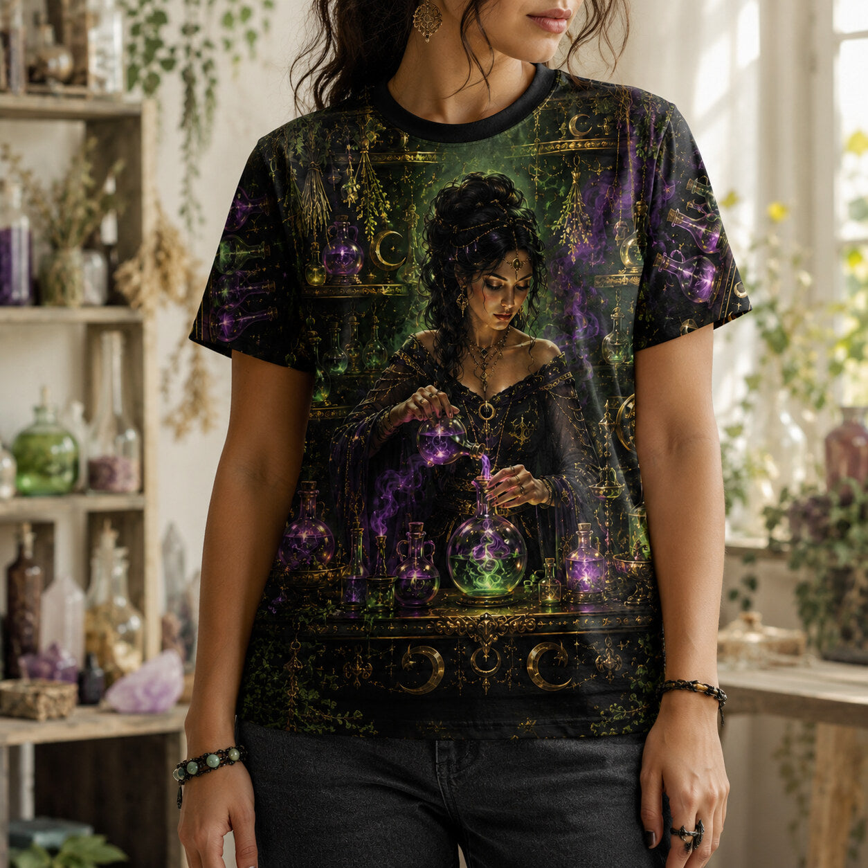 Apothecary Witch Potion T-Shirt Green Bottle Alchemy Tee worn, front view