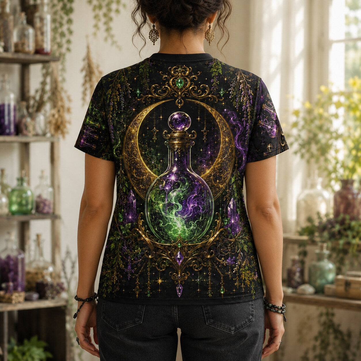 Apothecary Witch Potion T-Shirt Green Bottle Alchemy Tee worn, back view