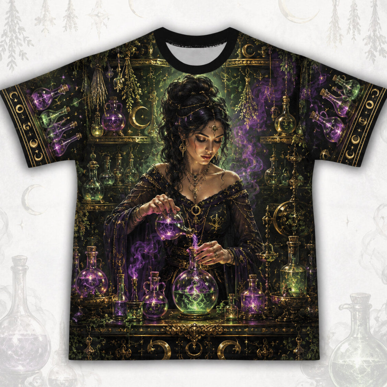 Apothecary Witch Potion T-Shirt Green Bottle Alchemy Tee front view