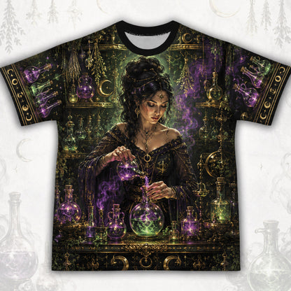Apothecary Witch Potion T-Shirt Green Bottle Alchemy Tee front view