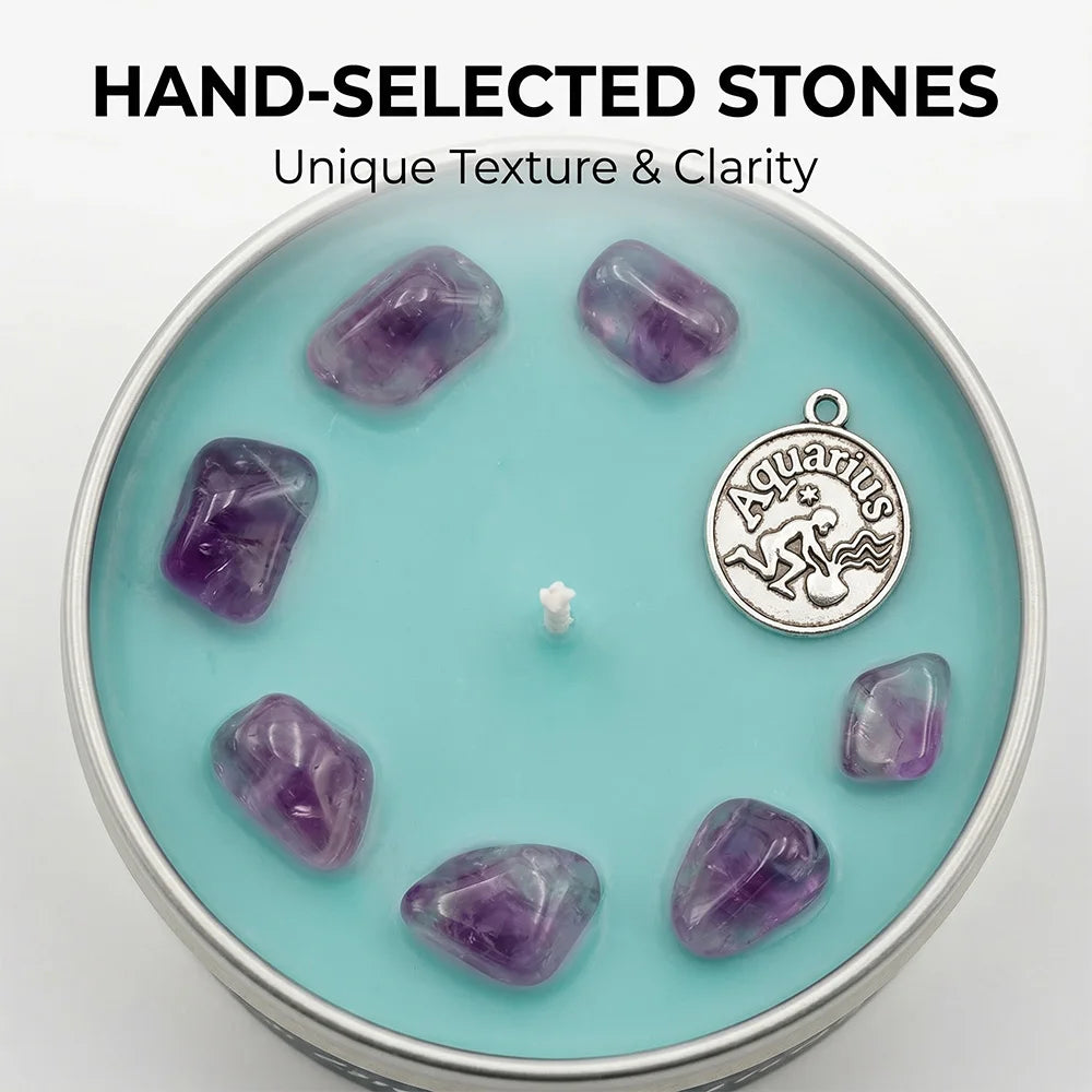 Close-up of Aquarius Candle teal wax with amethyst crystal chunks and an Aquarius water bearer charm - Hand-Selected Stones, Unique Texture and Clarity