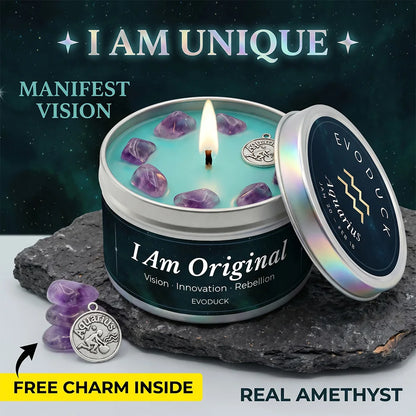 Aquarius Candle I Am Original with amethyst crystal chunks and Aquarius charm on stone - Manifest Vision, Real Amethyst, Free Charm Inside