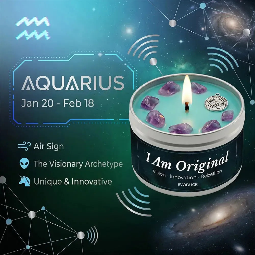 Aquarius Zodiac Candle, Jan 20 to Feb 18, with amethyst crystals in wax - Air Sign, The Visionary Archetype, Unique and Innovative