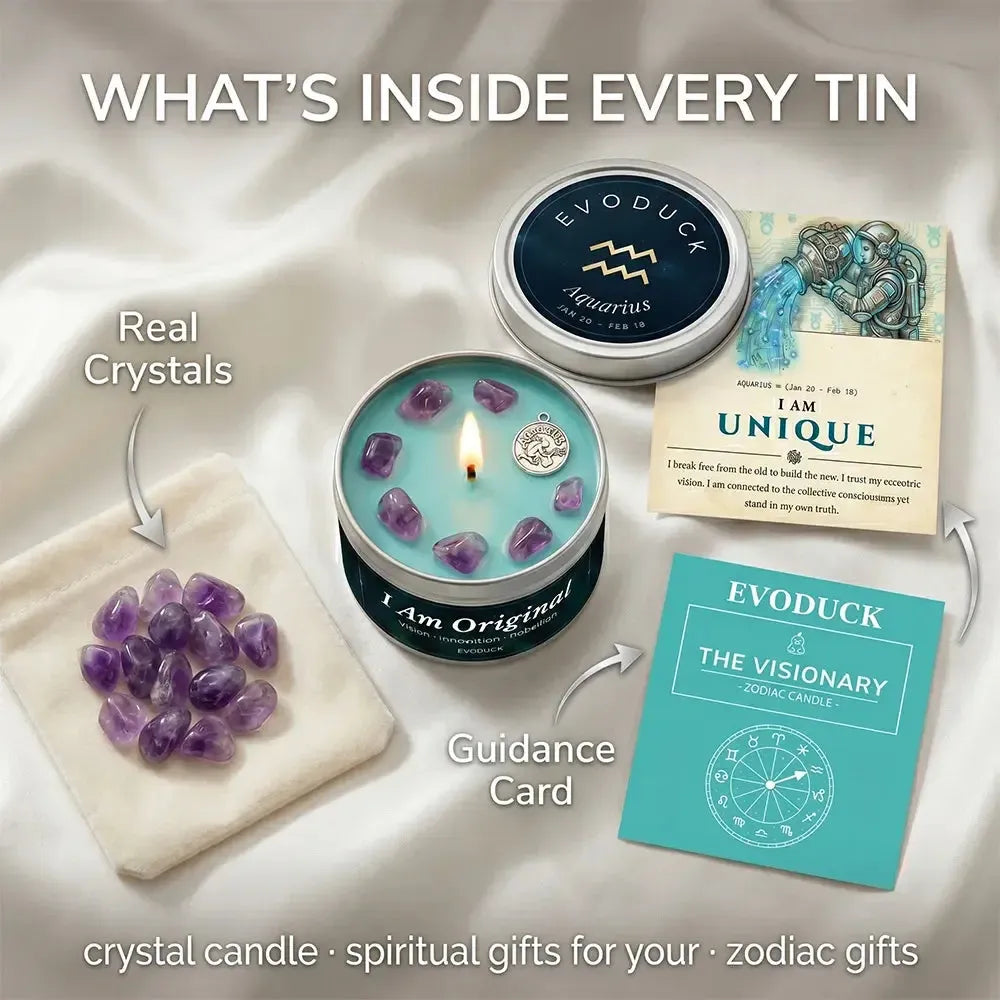 What's Inside Every Tin - Aquarius Candle with real amethyst crystals and I Am Unique, The Visionary guidance cards