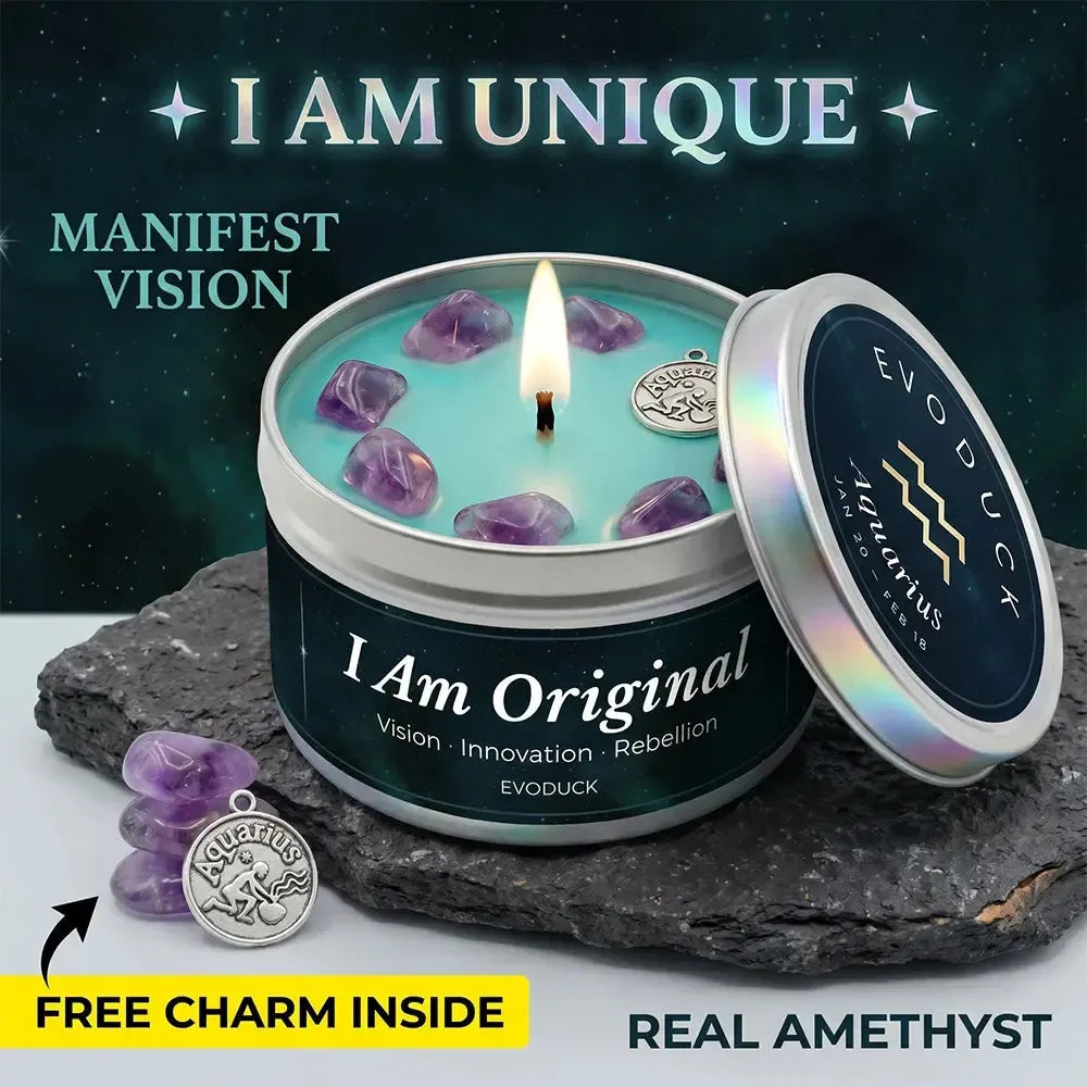 Aquarius Candle I Am Original with amethyst crystal chunks and Aquarius charm on stone - Manifest Vision, Real Amethyst, Free Charm Inside