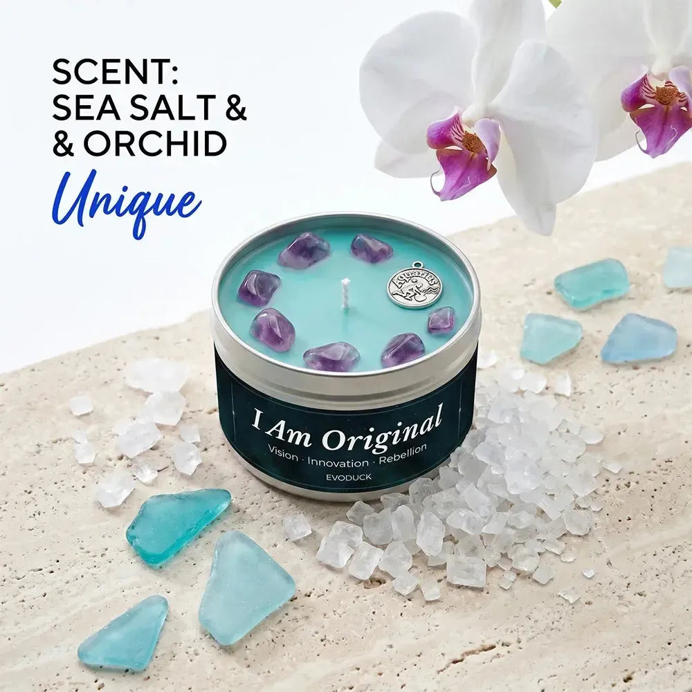 Aquarius Candle I Am Original with white orchid flowers and blue sea glass - Scent Sea Salt and Orchid, Unique