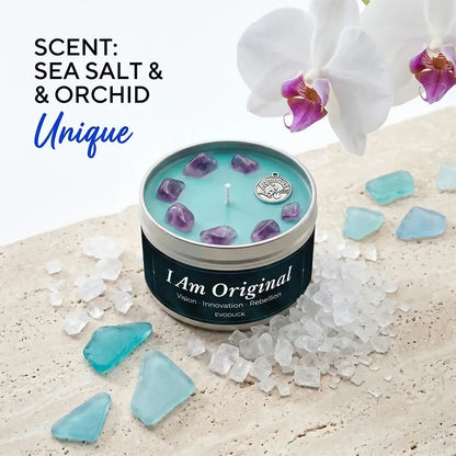 Aquarius Candle I Am Original with white orchid flowers and blue sea glass - Scent Sea Salt and Orchid, Unique