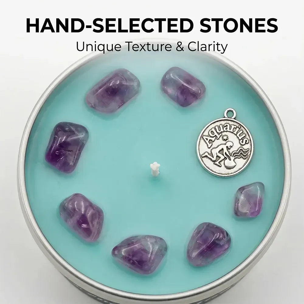 Close-up of Aquarius Candle teal wax with amethyst crystal chunks and an Aquarius water bearer charm - Hand-Selected Stones, Unique Texture and Clarity