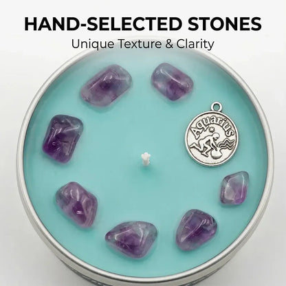 Close-up of Aquarius Candle teal wax with amethyst crystal chunks and an Aquarius water bearer charm - Hand-Selected Stones, Unique Texture and Clarity