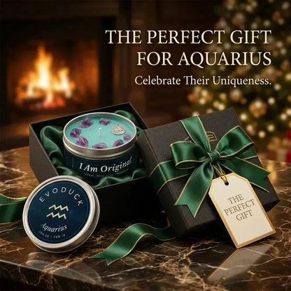 Aquarius Candle gift box with green ribbon and gift tag by a fireplace - The Perfect Gift for Aquarius, Celebrate Their Uniqueness