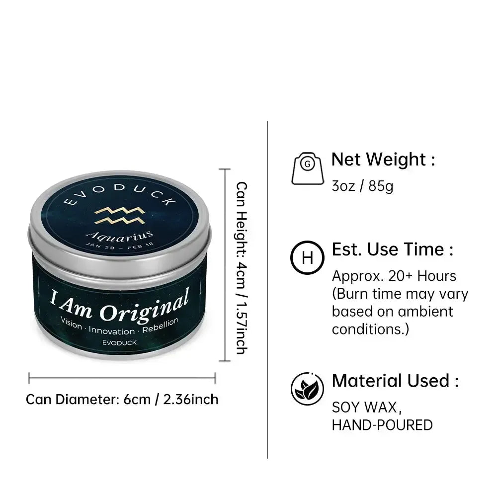 Aquarius Candle size specifications infographic - 3oz soy wax candle, 20 hour burn time, hand-poured