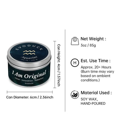 Aquarius Candle size specifications infographic - 3oz soy wax candle, 20 hour burn time, hand-poured