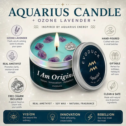 Aquarius Zodiac Candle I Am Original with amethyst crystals - Ozone Lavender scent, Vision Innovation Rebellion, Free Charm Included