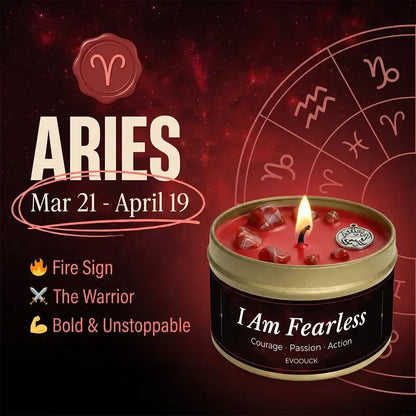 Aries Zodiac Candle, Mar 21 to April 19, with zodiac wheel background - Fire Sign, The Warrior, Bold and Unstoppable, I Am Fearless