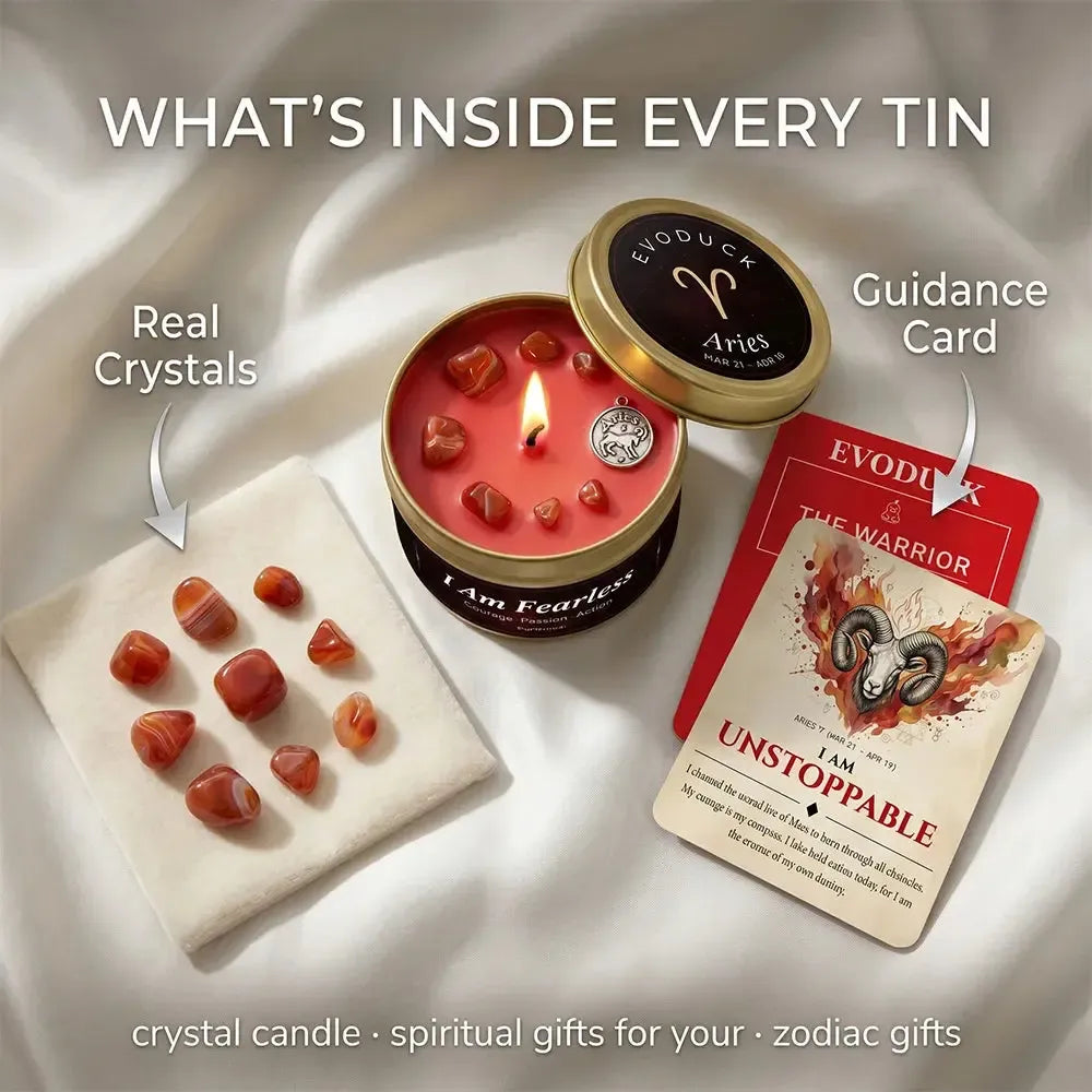What's Inside Every Tin - Aries Candle with real carnelian crystals and The Warrior guidance card reading I Am Unstoppable