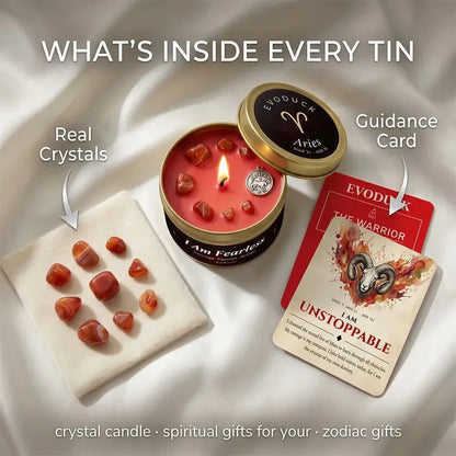 What's Inside Every Tin - Aries Candle with real carnelian crystals and The Warrior guidance card reading I Am Unstoppable