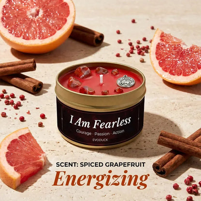 Aries Candle I Am Fearless with fresh grapefruit slices and cinnamon sticks - Scent Spiced Grapefruit, Energizing