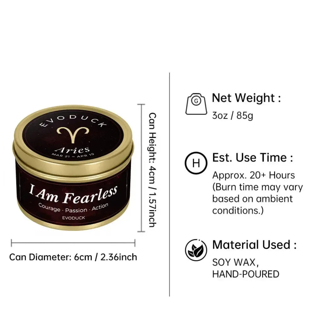 Aries Candle size specifications infographic - 3oz soy wax candle, 20 hour burn time, hand-poured