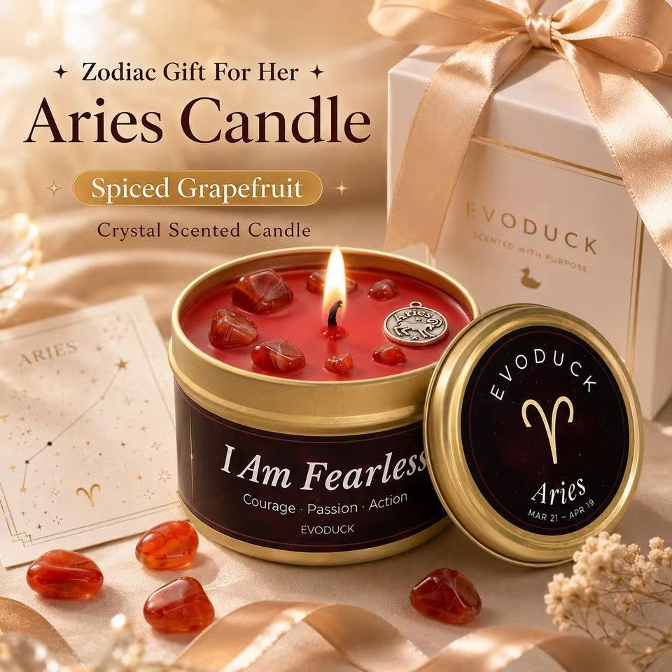 Aries Zodiac Candle Spiced Grapefruit gift box with ribbon, carnelian crystals and a constellation chart - I Am Fearless, Courage Passion Action
