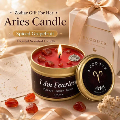 Aries Zodiac Candle Spiced Grapefruit gift box with ribbon, carnelian crystals and a constellation chart - I Am Fearless, Courage Passion Action
