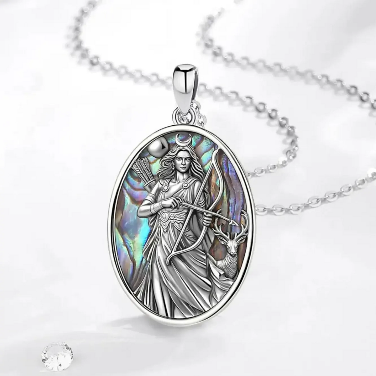 Close-up of the abalone shell backing on the Freya pendant