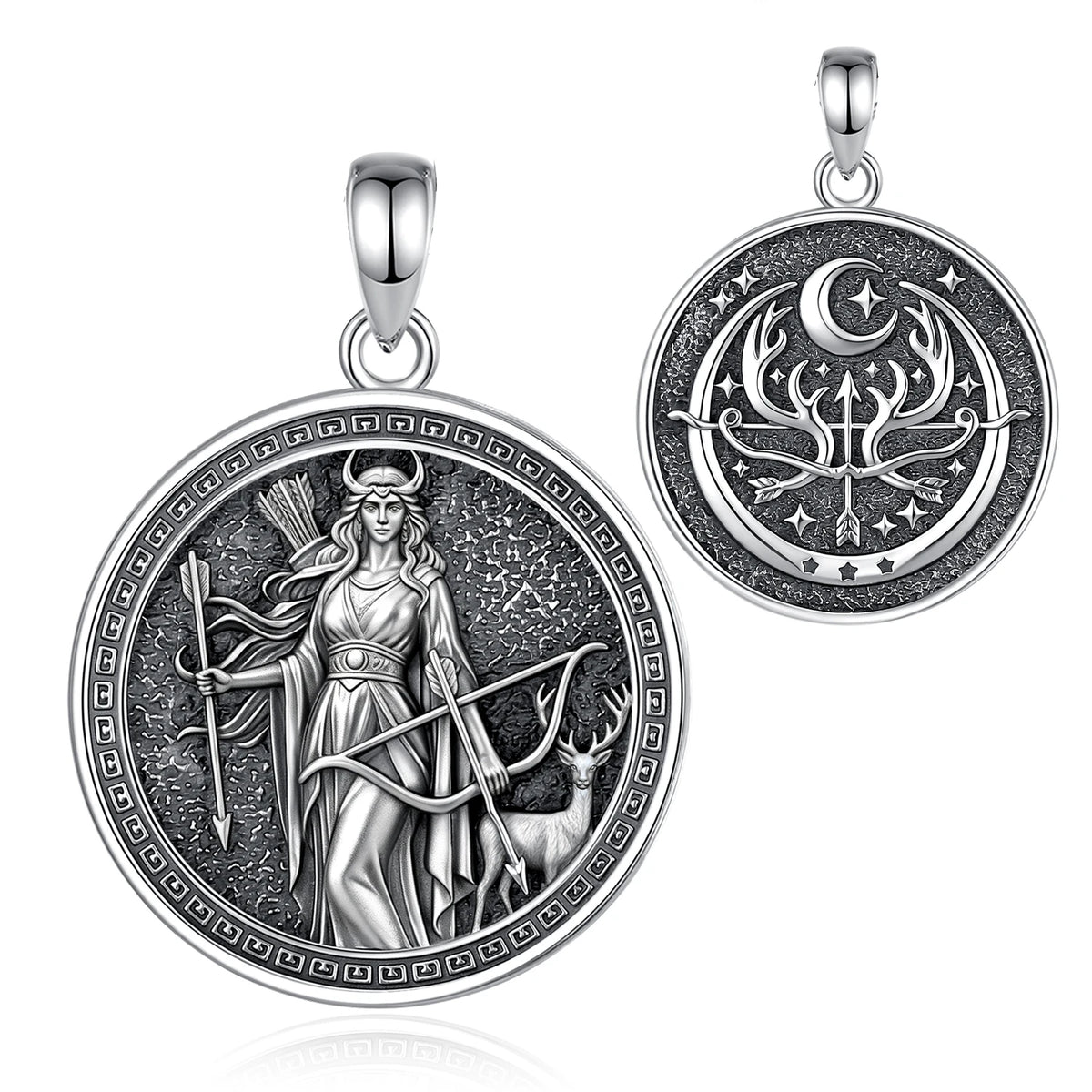 Pendant front and reverse product view: Artemis Goddess Necklace in 925 Sterling Silver, featuring Artemis with a bow and deer, framed in an antique-style round pendant.