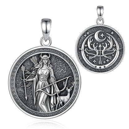 Pendant front and reverse product view: Artemis Goddess Necklace in 925 Sterling Silver, featuring Artemis with a bow and deer, framed in an antique-style round pendant.