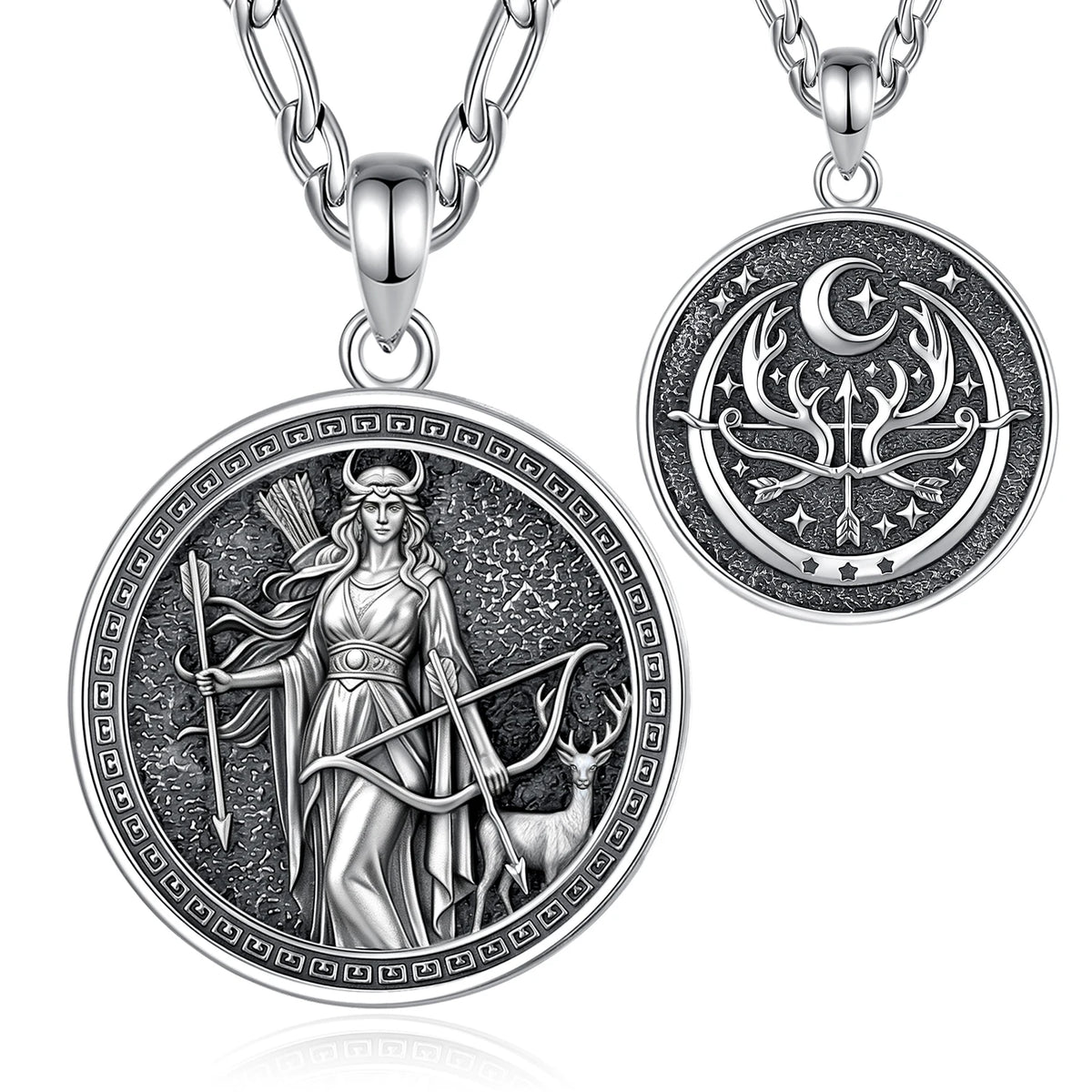 Necklace front and reverse product view: Artemis Goddess Necklace in 925 Sterling Silver, featuring Artemis with a bow and deer, framed in an antique-style round pendant.