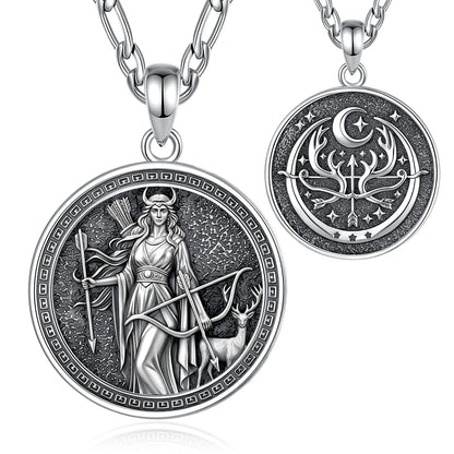 Necklace front and reverse product view: Artemis Goddess Necklace in 925 Sterling Silver, featuring Artemis with a bow and deer, framed in an antique-style round pendant.