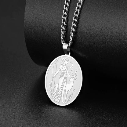 Artemis deer pendant worn as a choker-length necklace