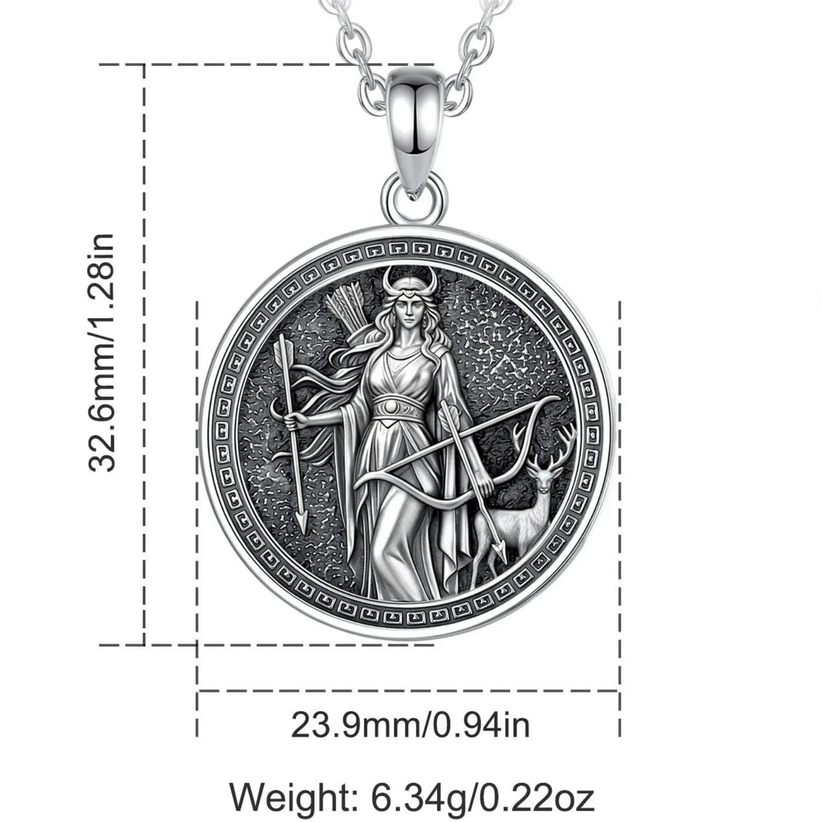 Sterling silver Artemis pendant worn over a dark neckline