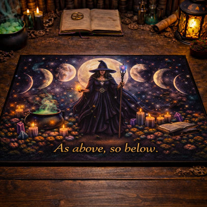 Wicca pagan doormat with a witch, moon phases, cauldron, candles, and "As above, so below" text.