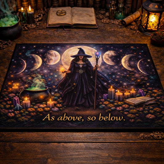 Wicca pagan doormat with a witch, moon phases, cauldron, candles, and "As above, so below" text.