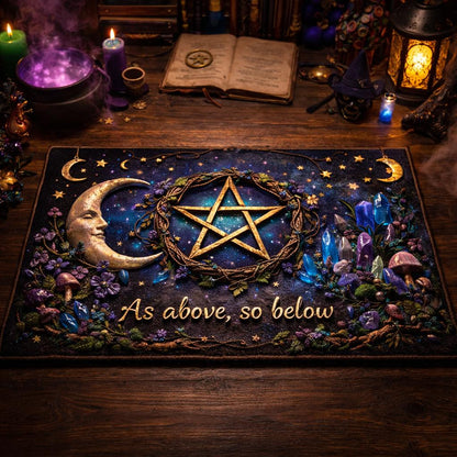 Dark blue pagan doormat with a golden pentacle, crescent moon, stars, crystals, and "As above, so below" text.