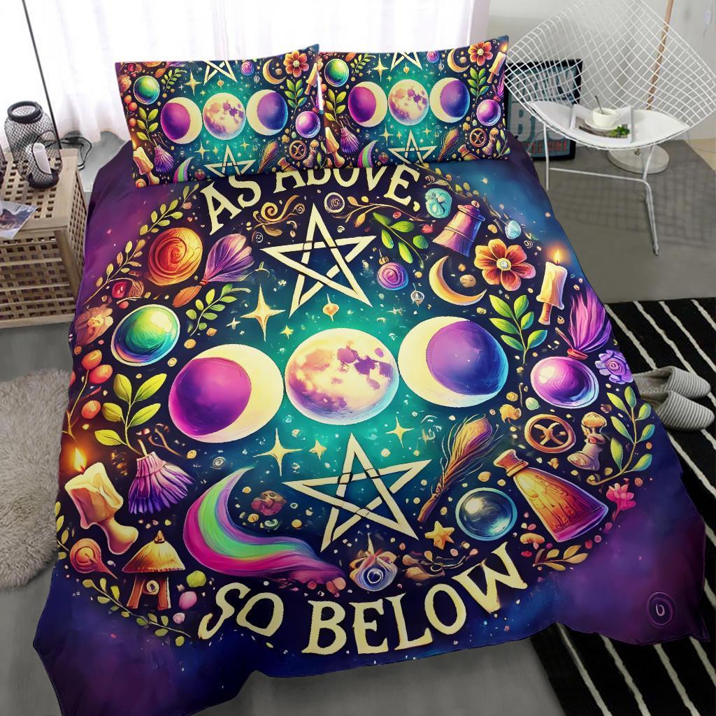 As above so below Pagan Bedding Set Wicca Triple Moon Pentagram Bedding Set-MoonChildWorld