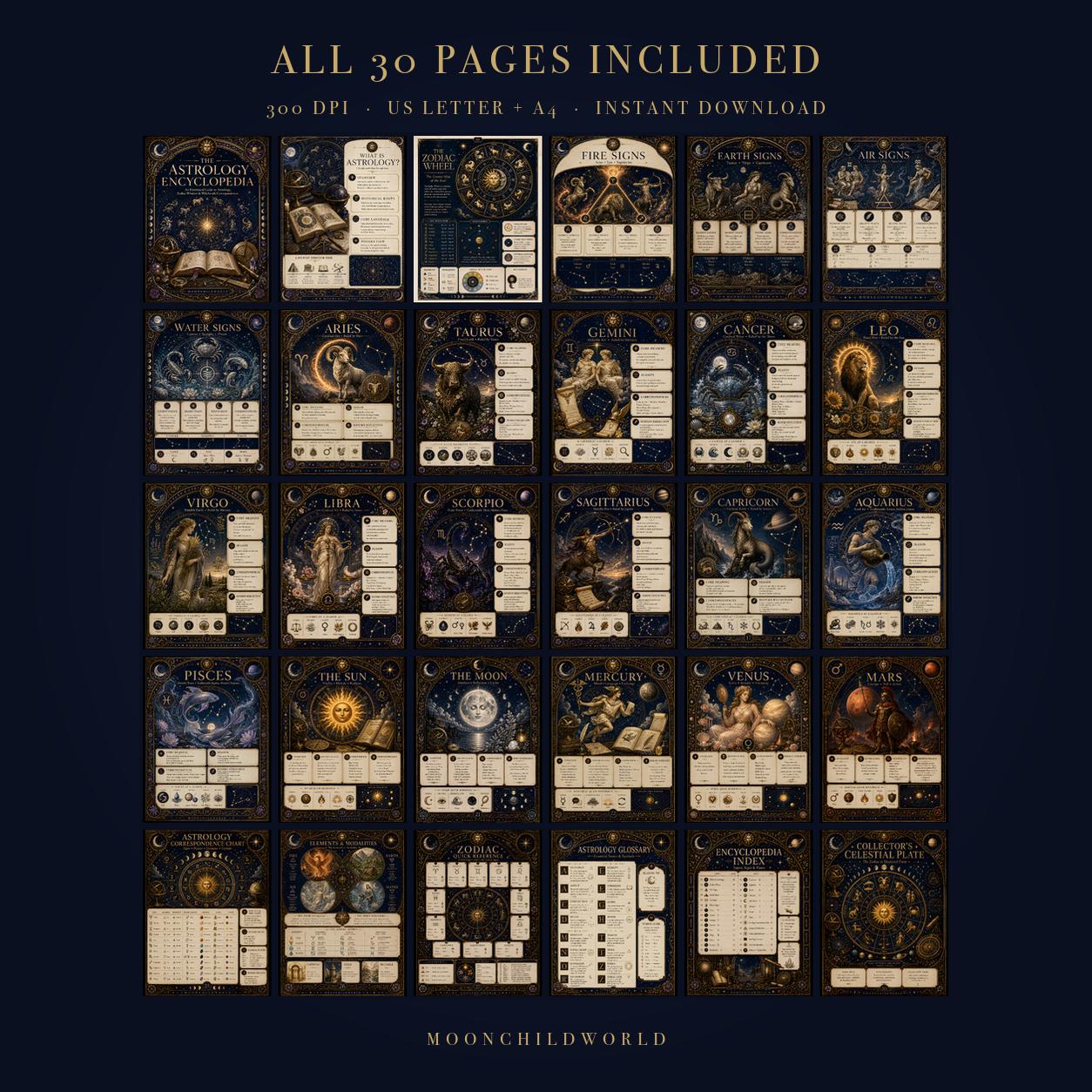 Thirty-page astrology grimoire printable set featuring vintage-style zodiac illustrations in midnight blue and antique gold.