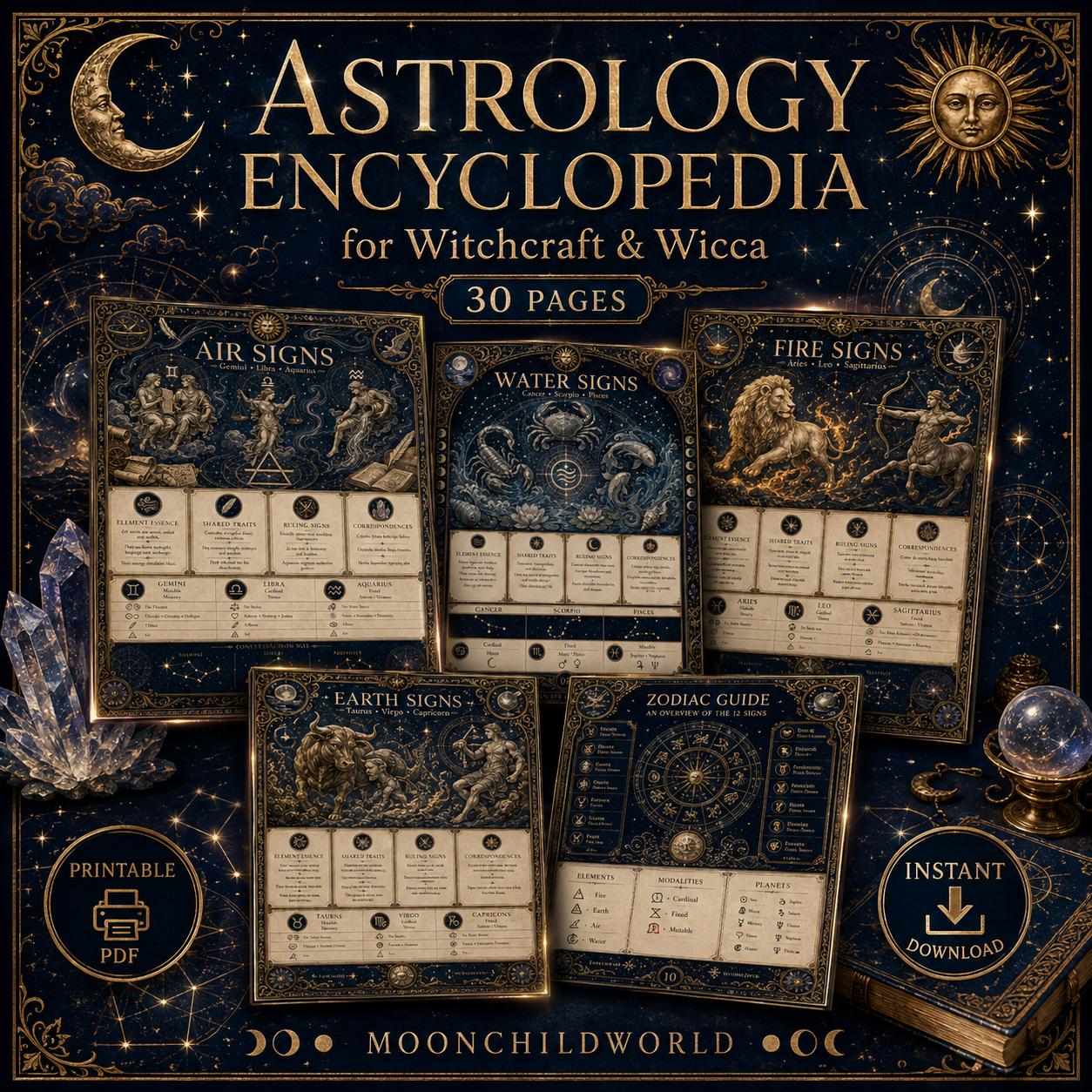 Astrology encyclopedia pages in midnight blue and gold with vintage zodiac illustrations, celestial symbols, and star charts.
