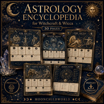 Astrology encyclopedia pages in midnight blue and gold with vintage zodiac illustrations, celestial symbols, and star charts.