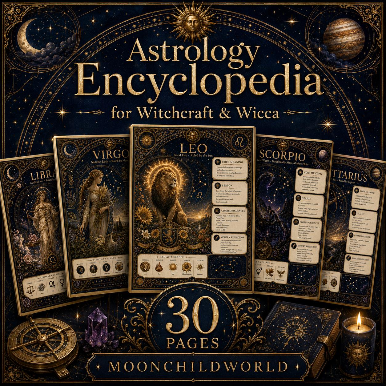 Astrology encyclopedia pages in midnight blue and gold with zodiac illustrations, celestial motifs, and vintage star atlas style.
