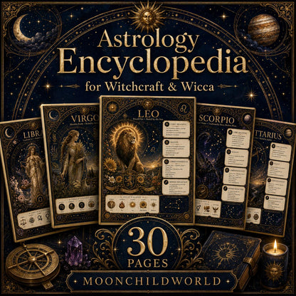 Astrology encyclopedia pages in midnight blue and gold with zodiac illustrations, celestial motifs, and vintage star atlas style.